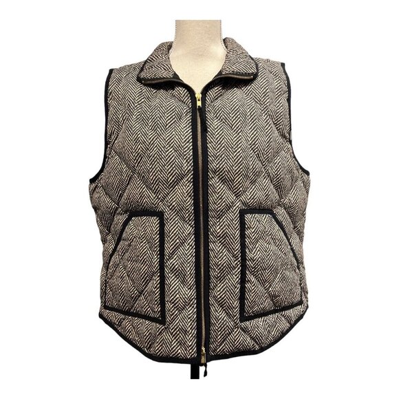 J Crew Womens XS Down Puffer Vest Herringbone Chevron Print Black Trim Outdoor - Picture 1 of 9